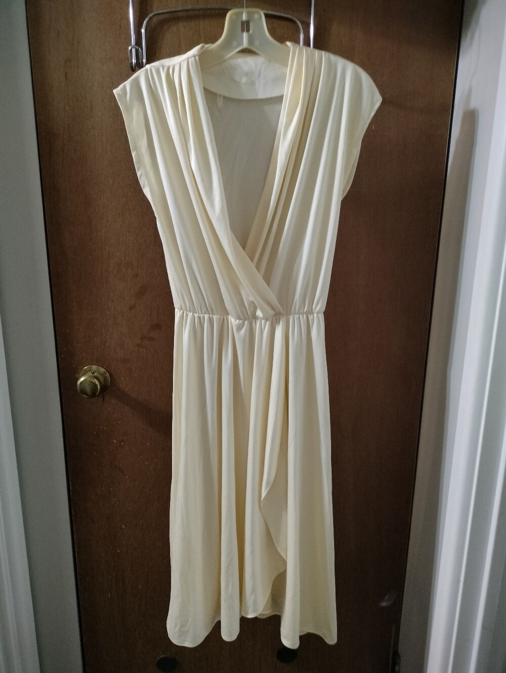 Elegant Cream Surplice Midi Dress - Soft Draped V-Neck